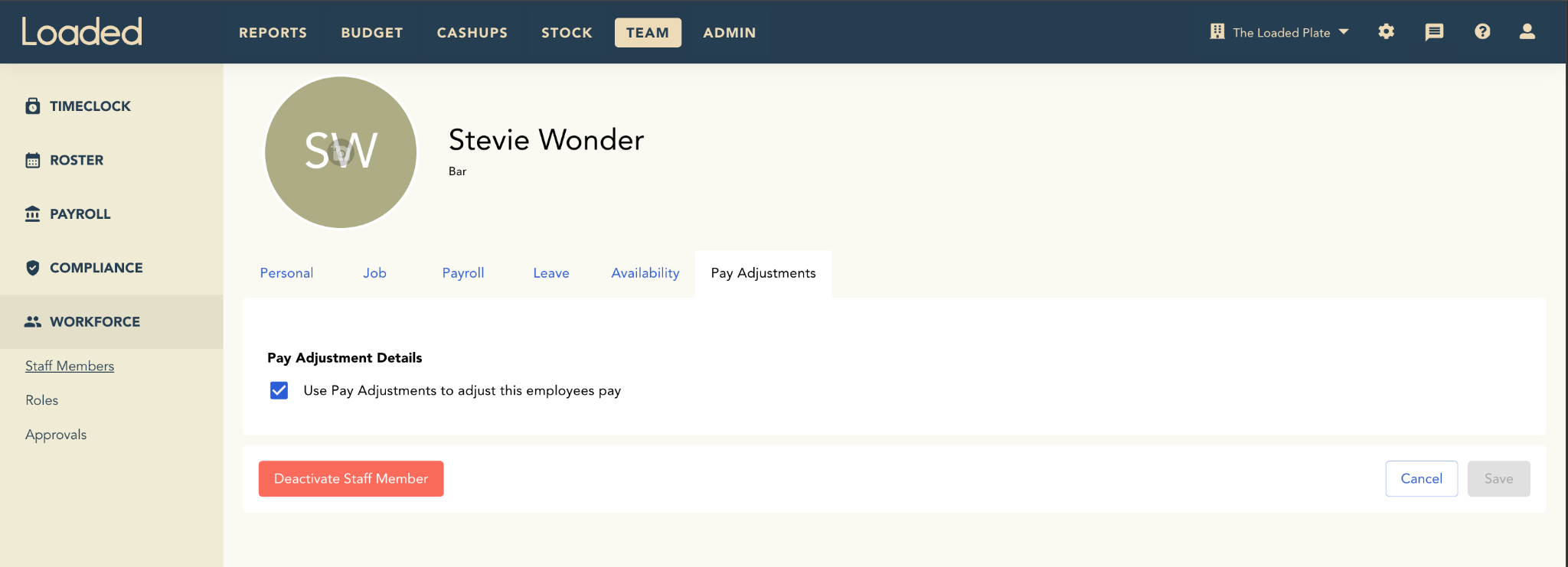 Staff member Pay Adjustments tab