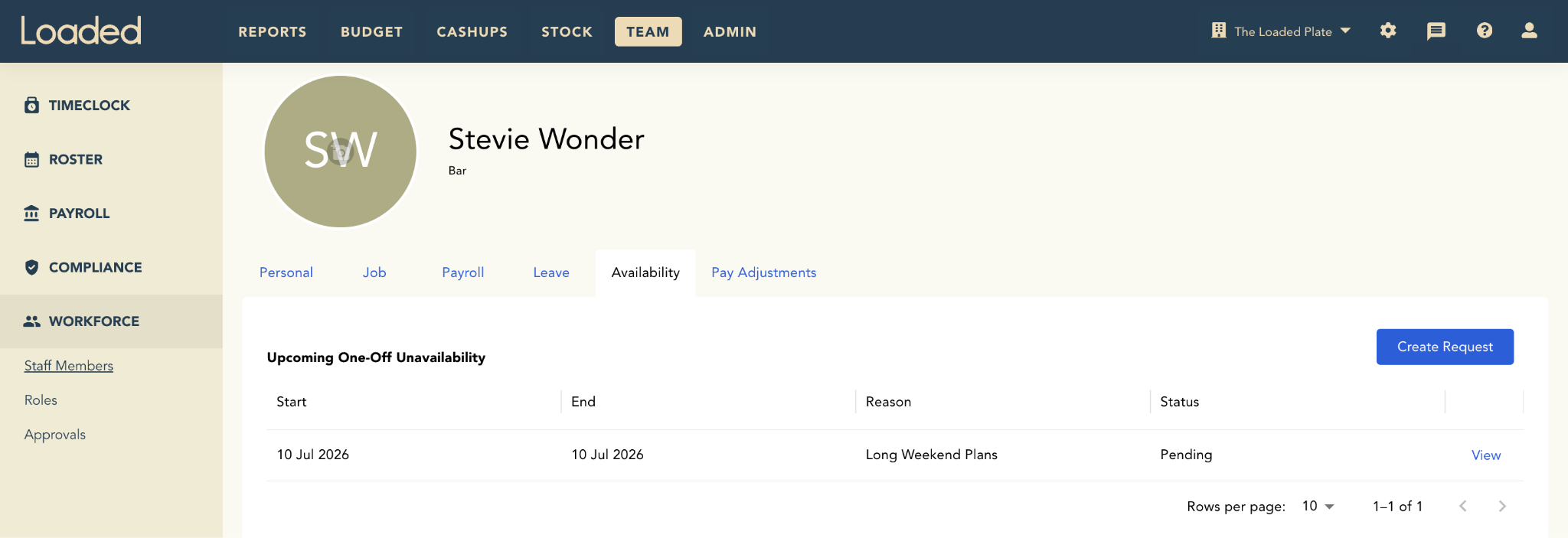 Pending availability request on staff profile