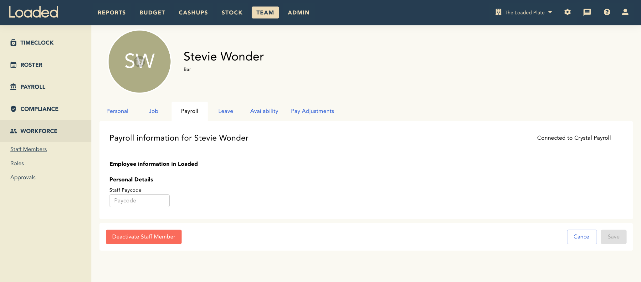 Staff member Payroll tab