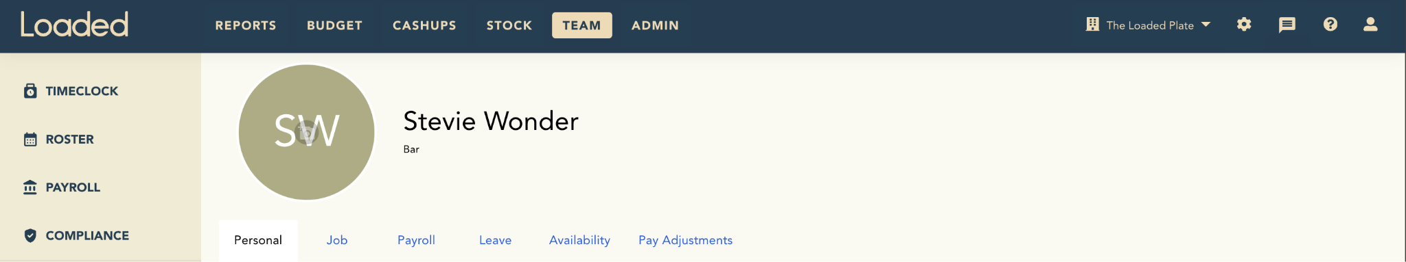 Staff profile tabs: Personal, Job, Payroll, Leave, Availability, Adjustments