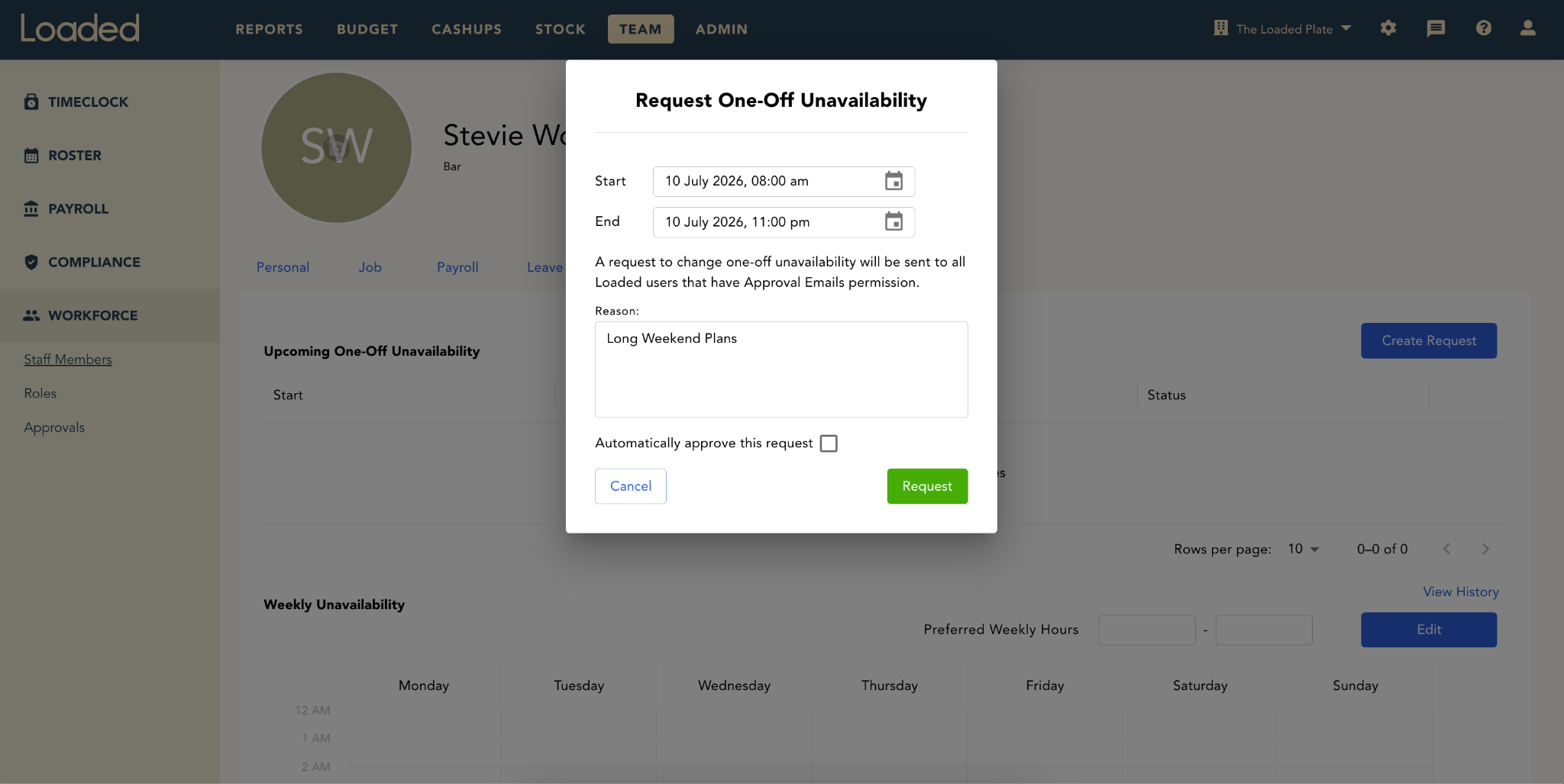 Requesting one-off unavailability