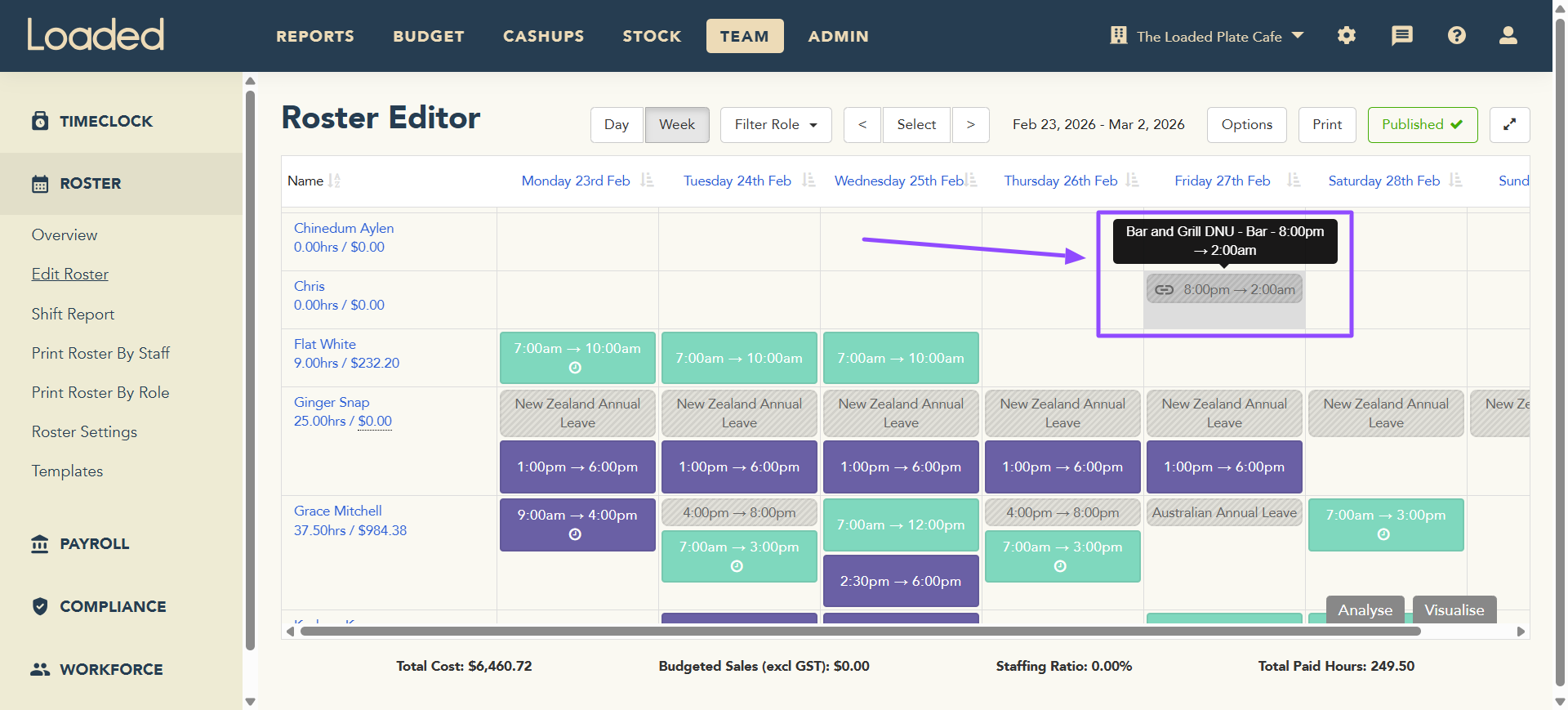 Edit Roster page showing shifts at another venue