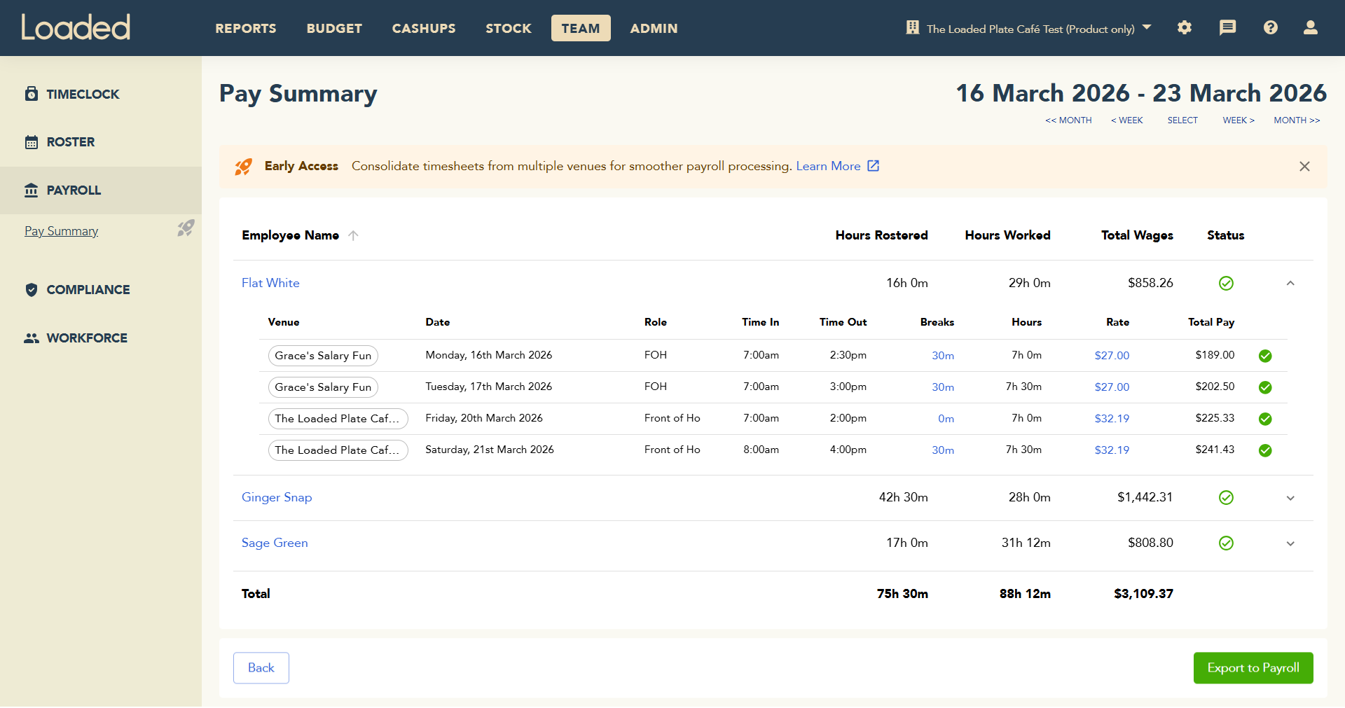 Pay Summary report across venues