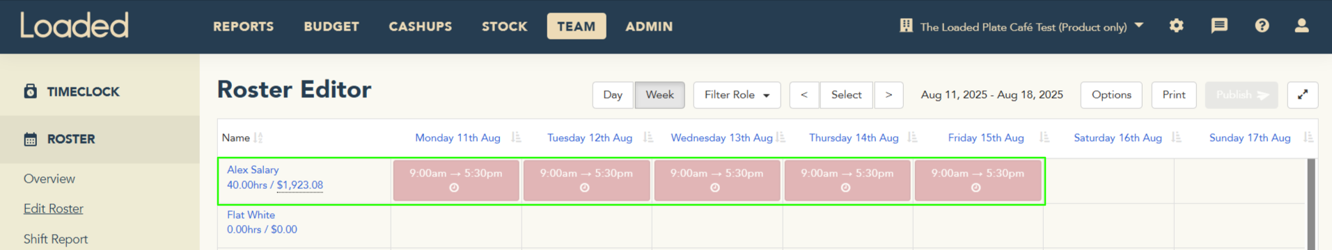 Salaried staff member hours on the roster based on RWH