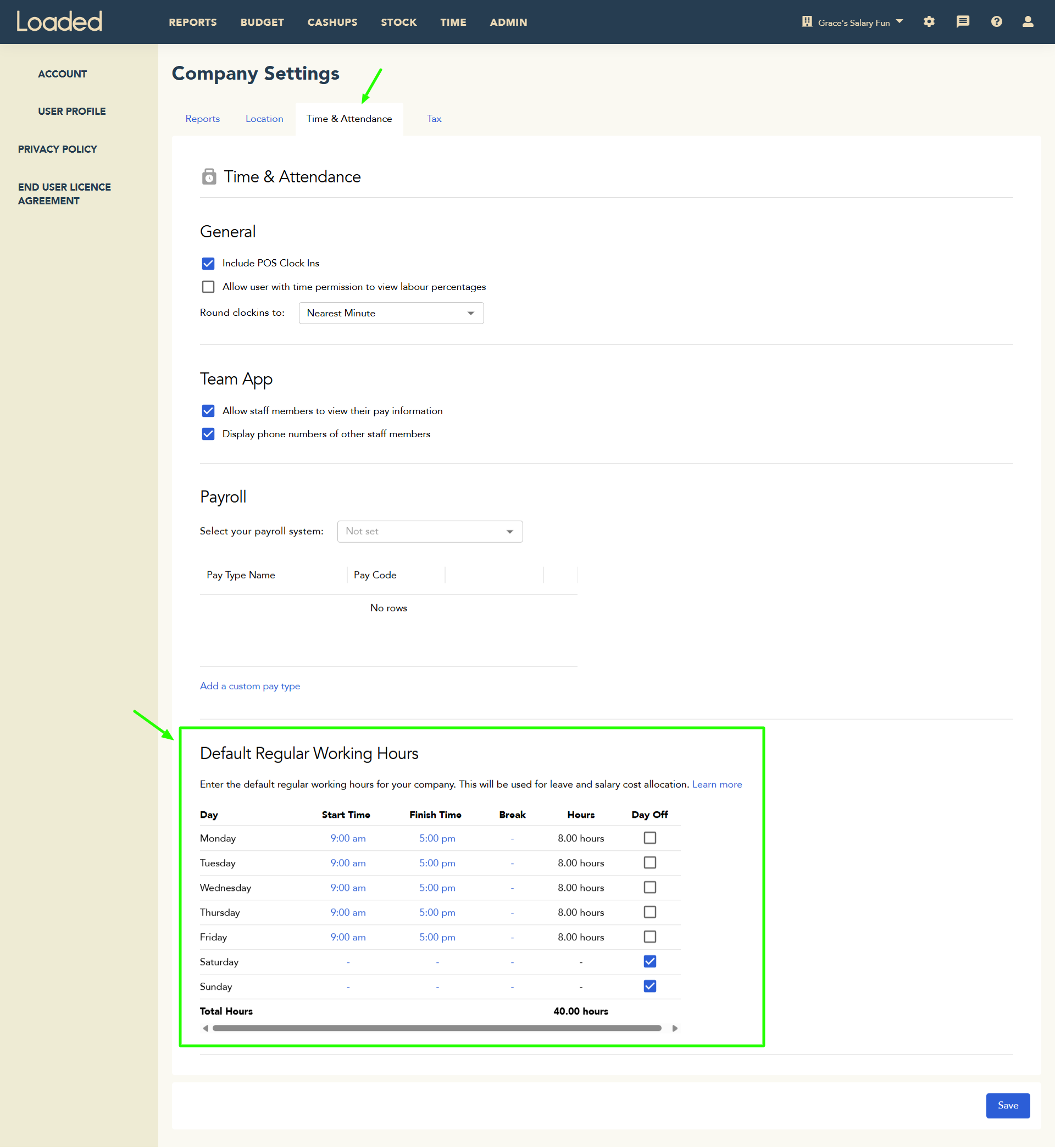 Default Regular Working Hours company setting
