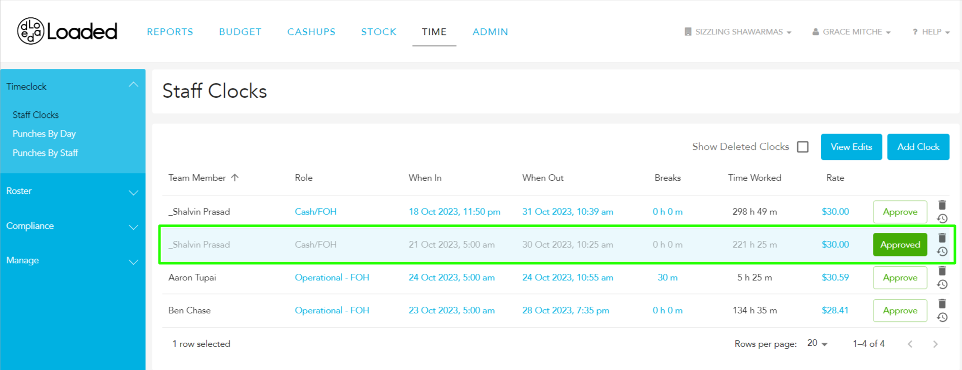 Approved timeclock entry