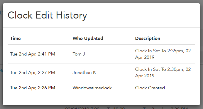 Detailed history of a timeclock punch