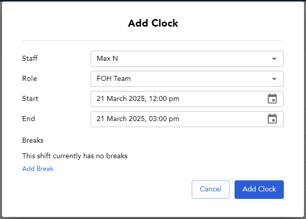Add Clock staff and role fields