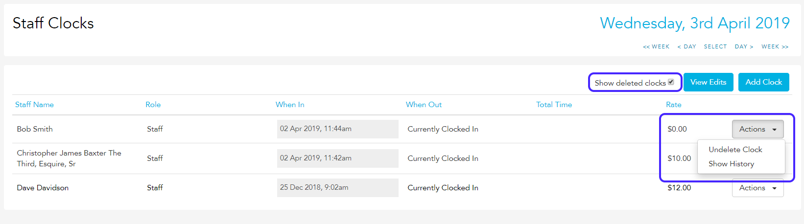 Show deleted clocks and restore