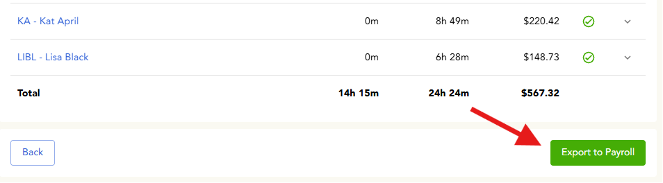 Export to Payroll dropdown