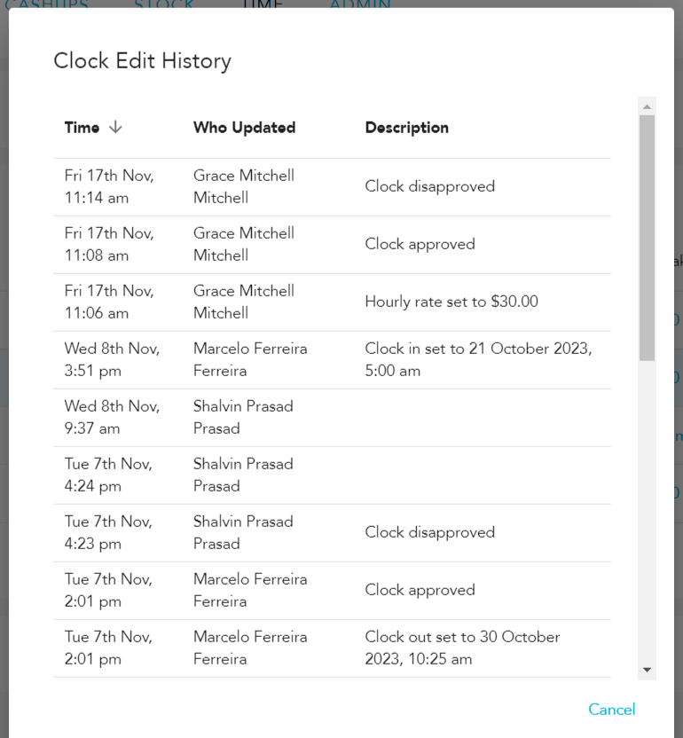 Timeclock edit history detail