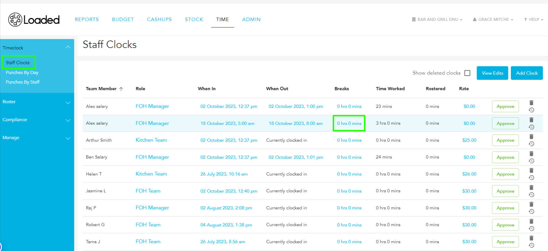 Click Breaks column time