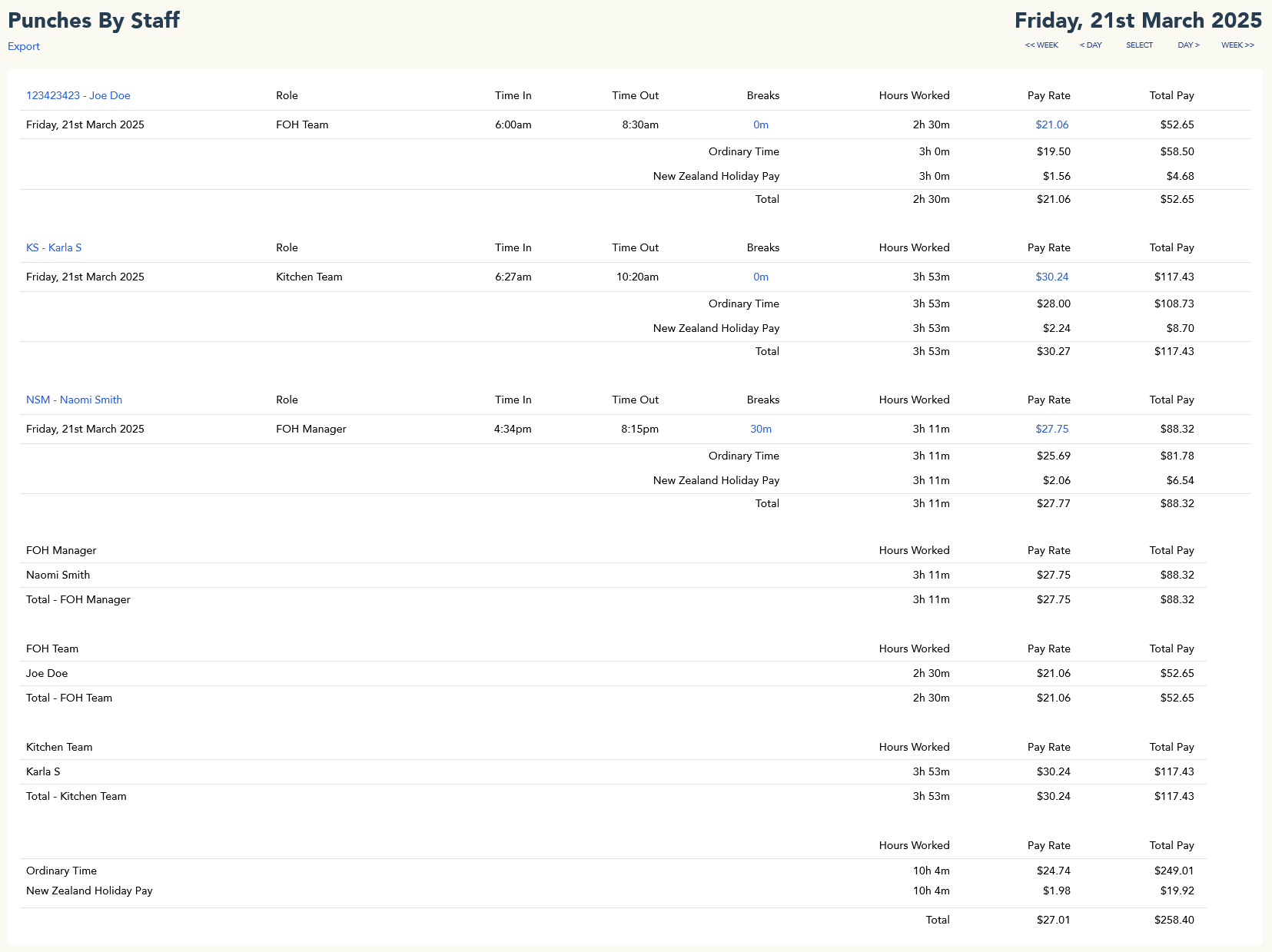 Punches by Staff report and export to payroll