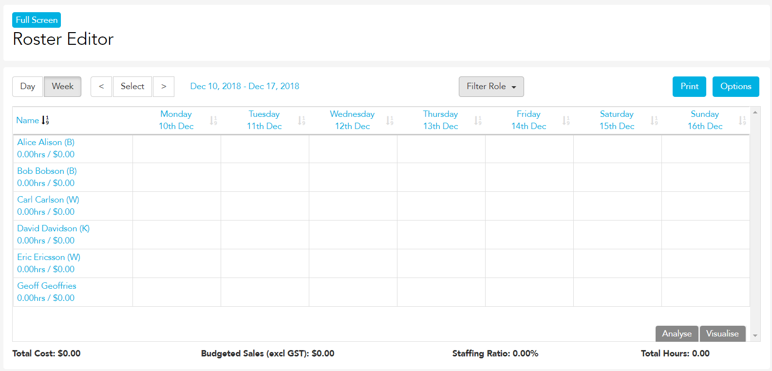 Roster editor page showing the current week's blank roster template