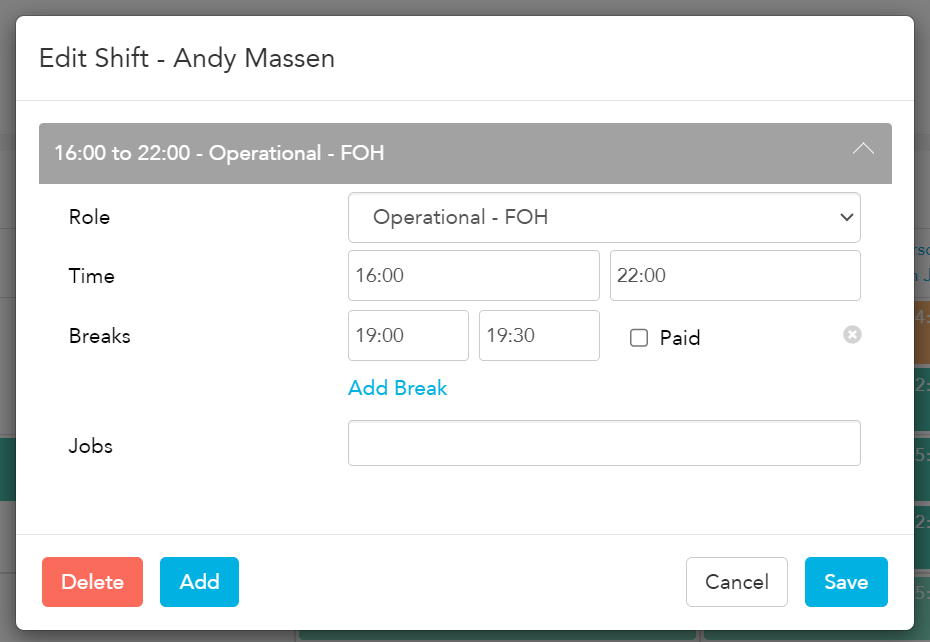 Editing a break's start time, end time or paid status