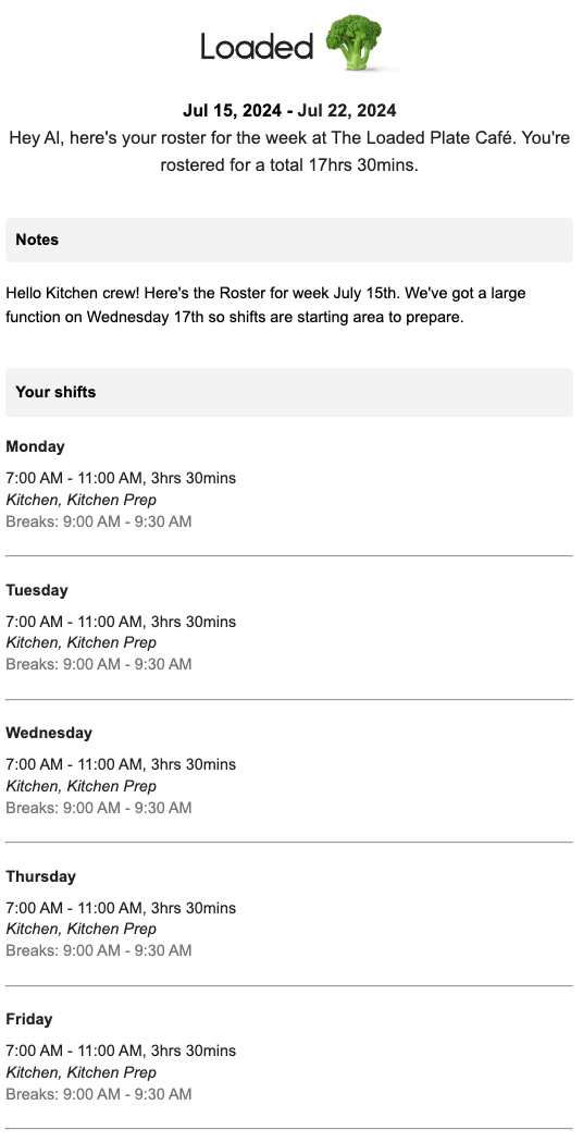 Example roster email received by a staff member