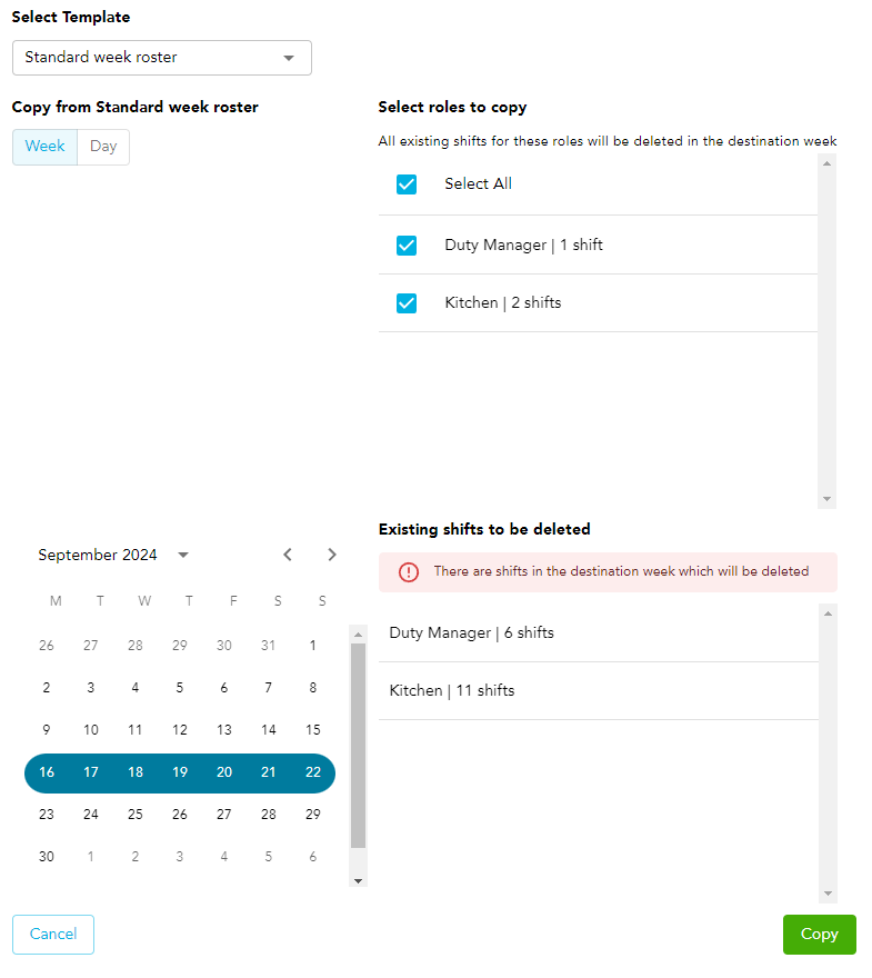 Choosing the destination week and roles when copying a roster template