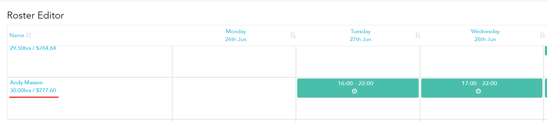 Clicking the hrs/$ of a staff member from week view