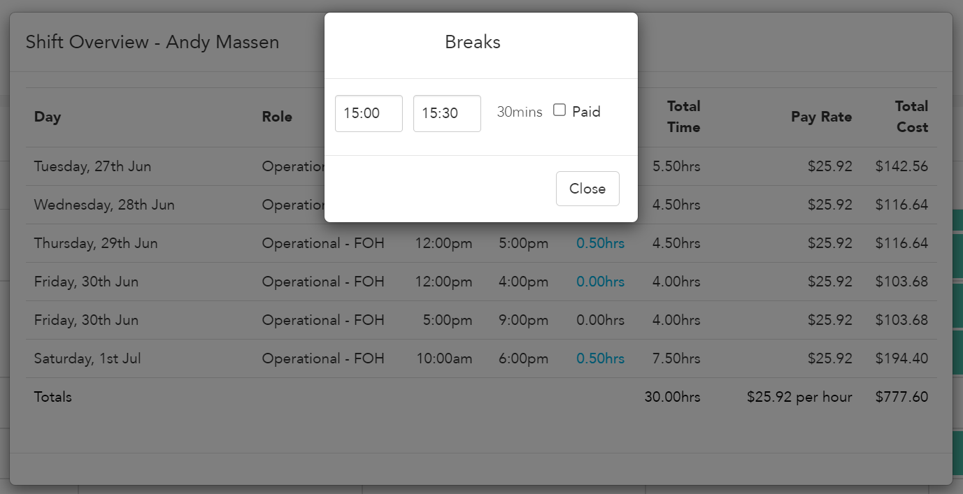 Viewing a break's details (view only)