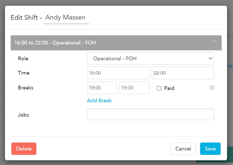 Entering break start time, end time and paid status