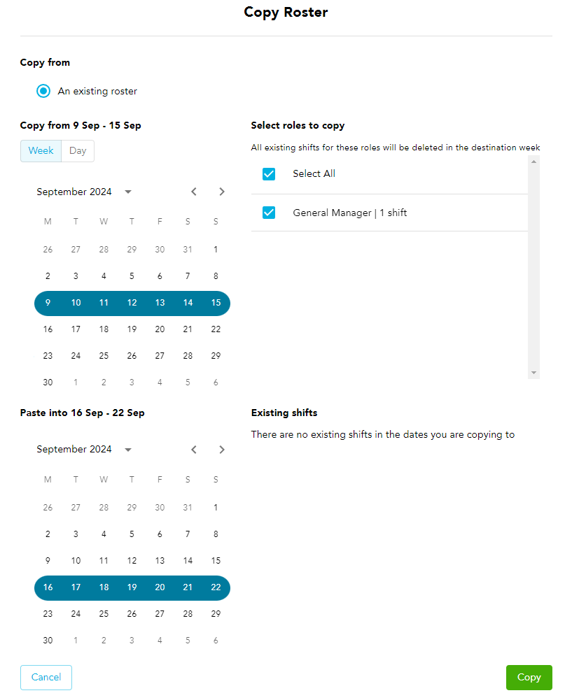 Selecting which week and roles to copy in the Copy Roster tool