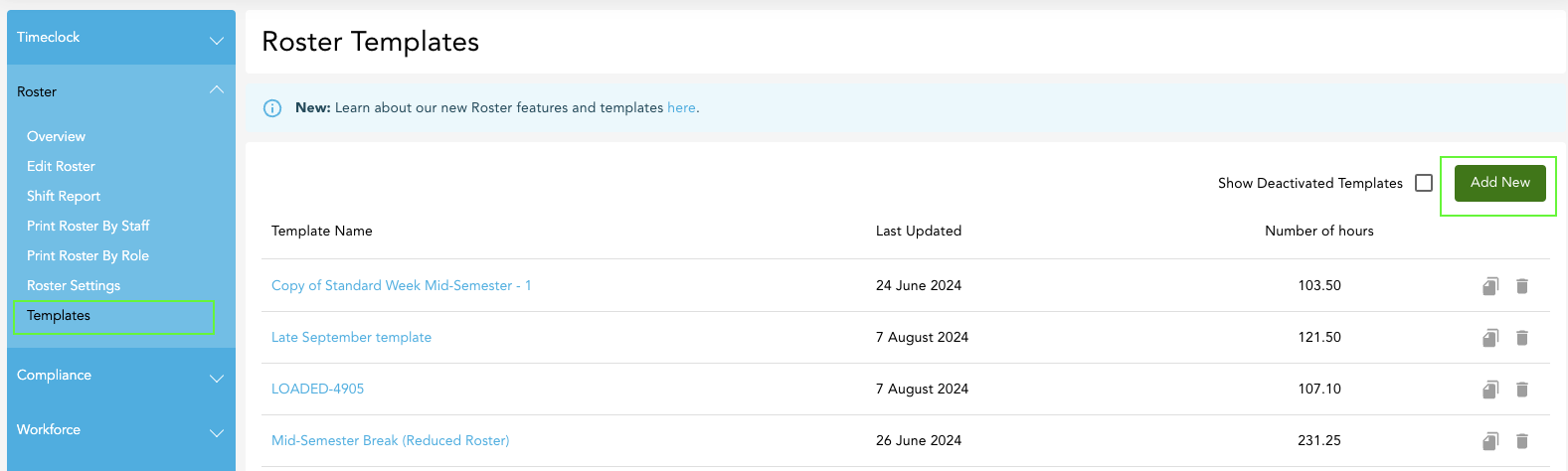 Add New button for creating a Roster Template from scratch