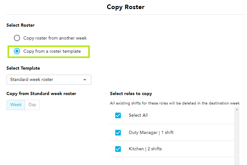 Selecting to copy from a roster template