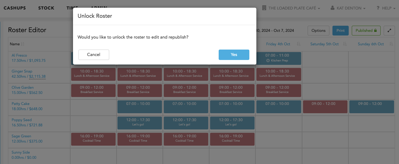 Confirming republish and unlock of a roster