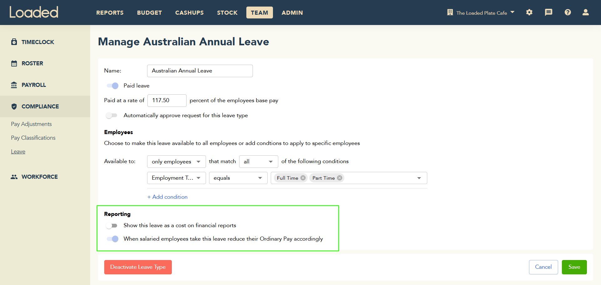 Leave reporting toggles for financial reports and ordinary pay