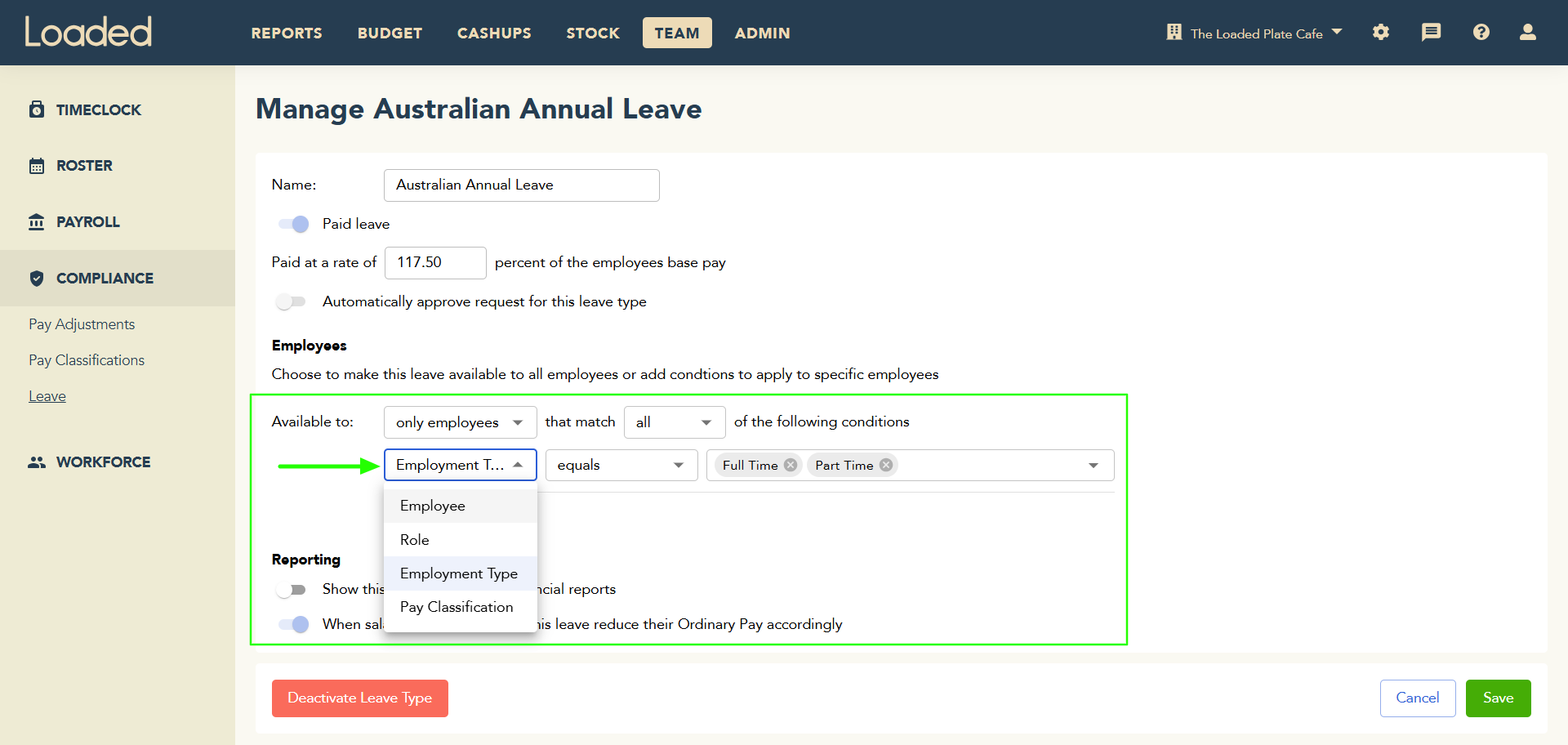 Adding staff members or employment type as an Employee Condition on a Leave Type