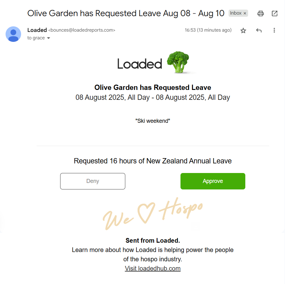 Leave request approval email notification