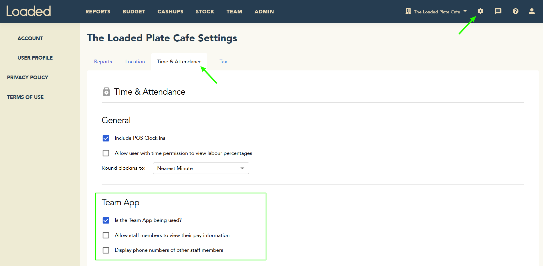 Company Settings Team tab showing Team App usage, pay information and phone number toggles