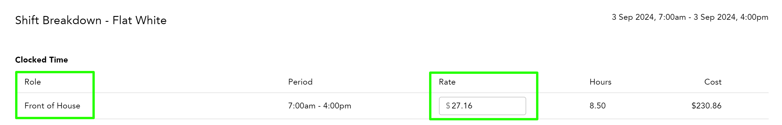 Adult base pay rate shown in timeclock shift breakdown