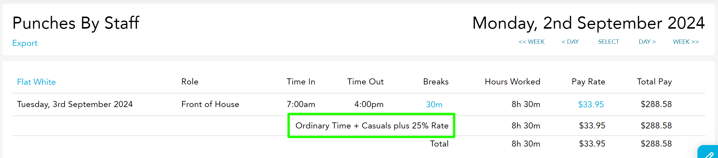 25% casual pay adjustment applied in Punches by Staff