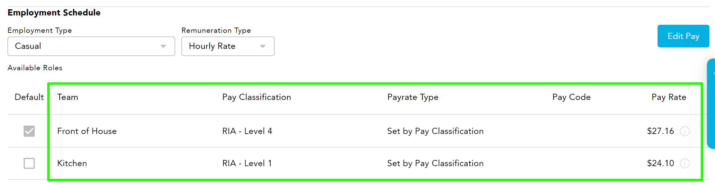 Staff member employment schedule and pay classification