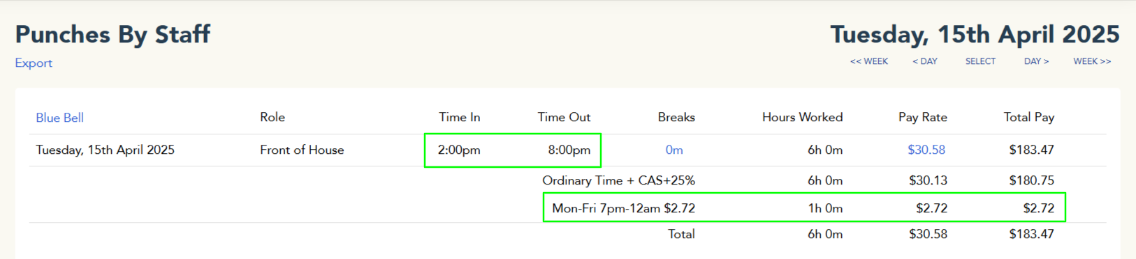 Monday to Friday evening penalty rate example