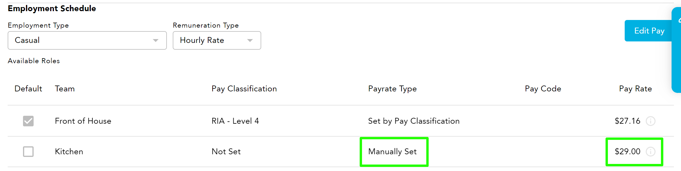 Manually setting a staff member's pay rate