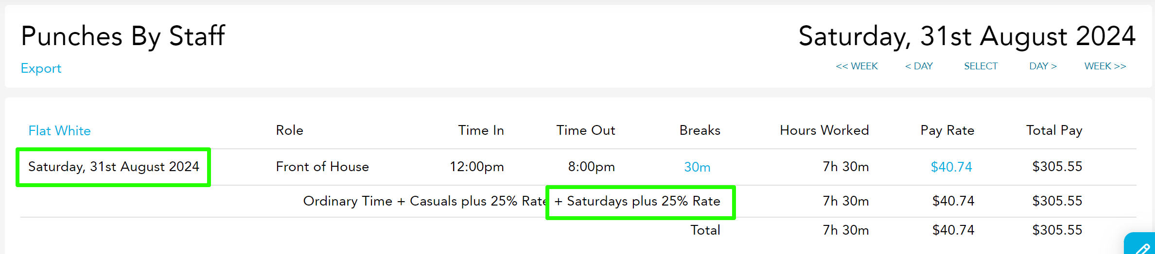 Saturday 25% penalty rate example