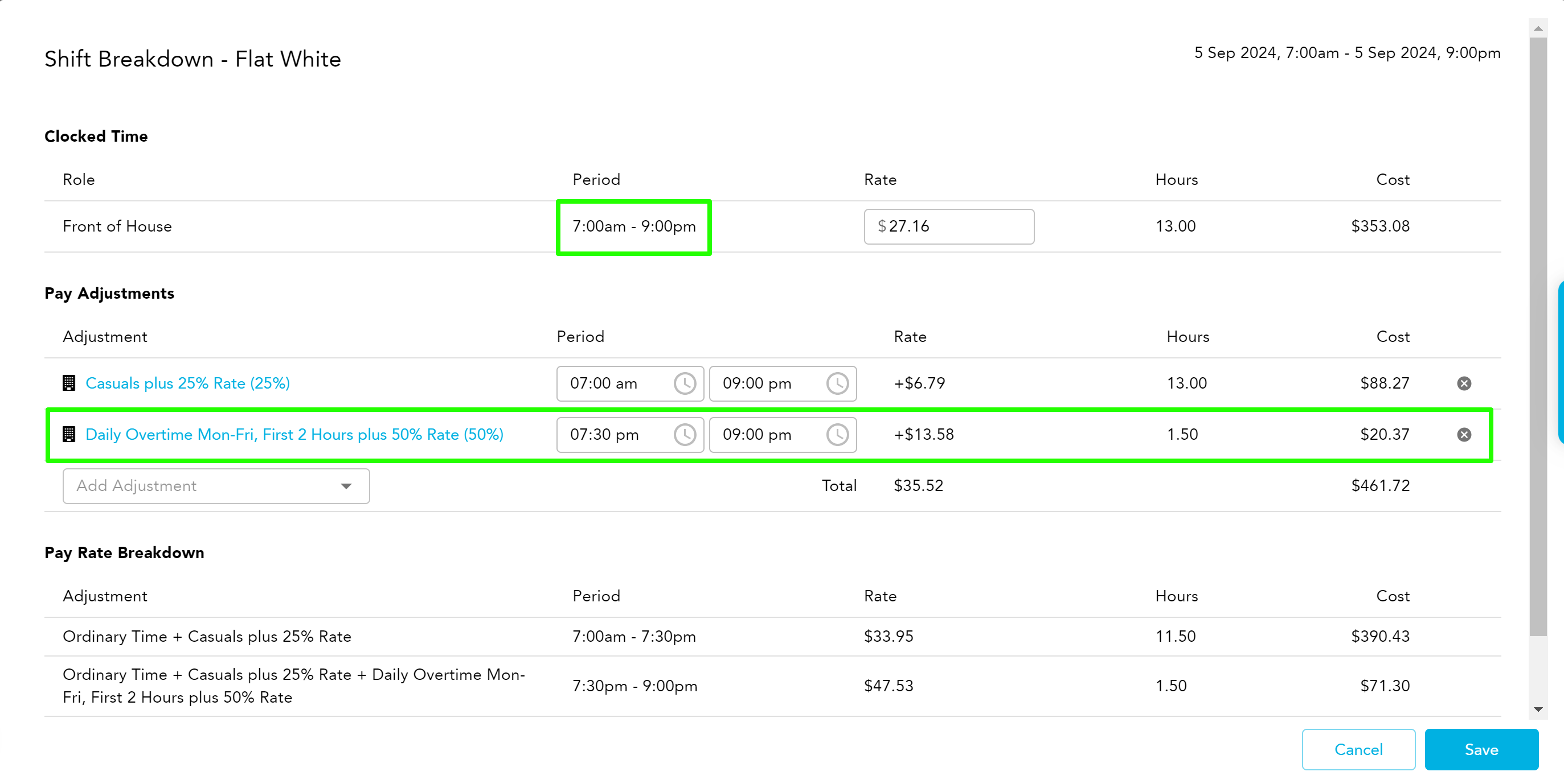 Daily overtime pay adjustment example