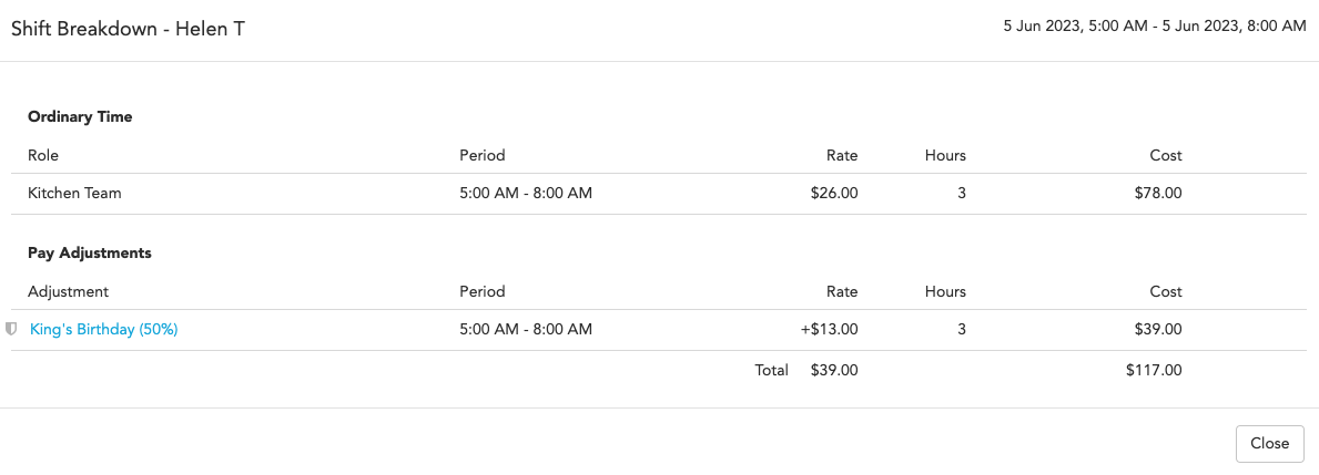 Pay adjustment breakdown in the roster editor