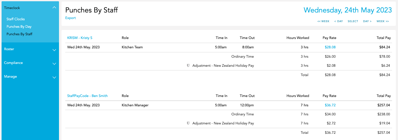 Punches By Staff report showing ordinary time and pay adjustment breakdown