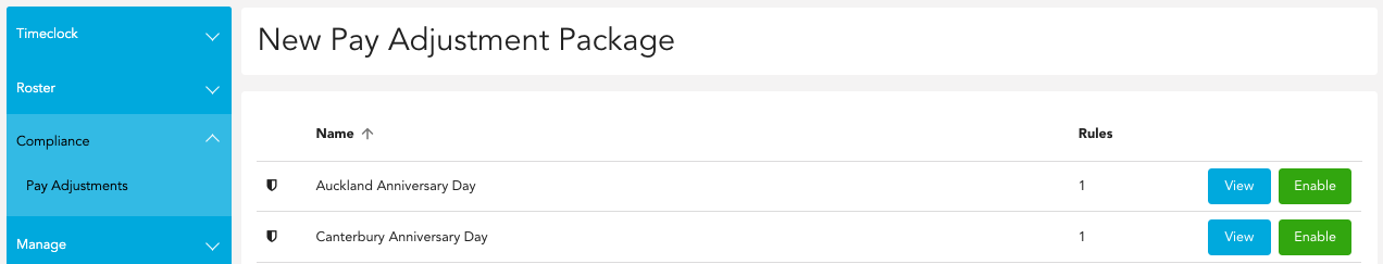 Green Enable button on a pay adjustment package