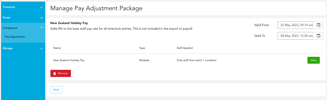 Manage view of an enabled pay adjustment package