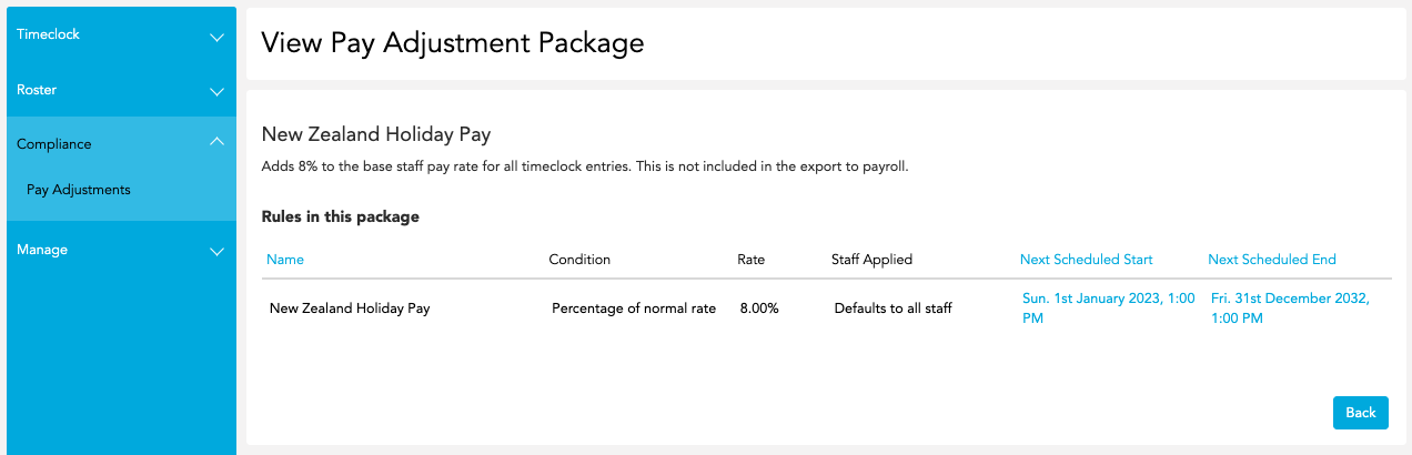 Pay adjustment package rules view showing rate and schedule