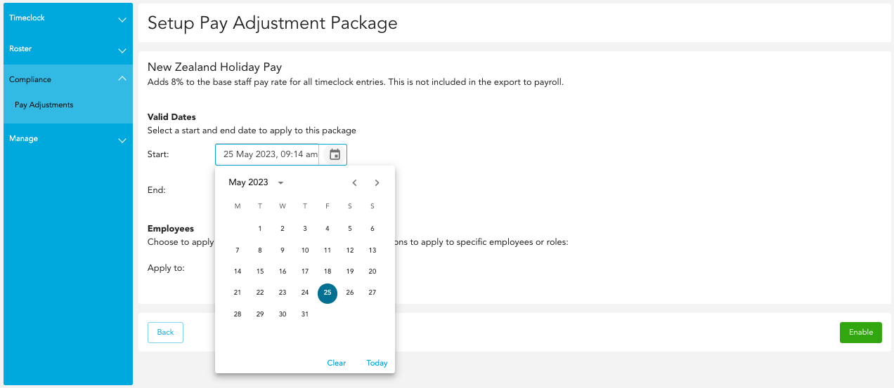 Date range picker for a pay adjustment package