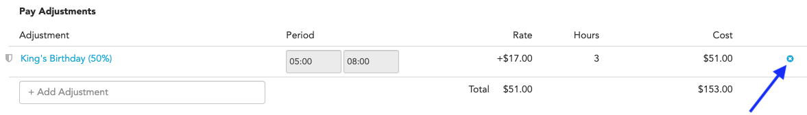 Clicking the blue x to remove a pay adjustment
