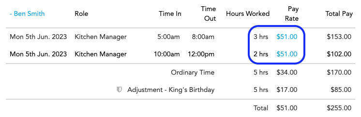 Clicking the blue Pay Rate value to open the shift breakdown
