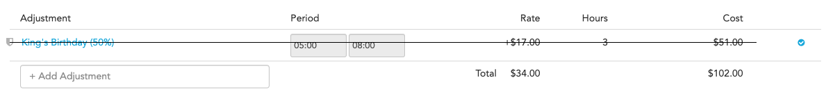 Pay adjustment shown with a strikethrough after removal