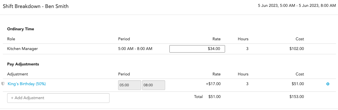 Shift breakdown showing ordinary time and pay adjustments
