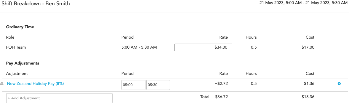 Adjusting the period for a pay adjustment added from Staff Clocks